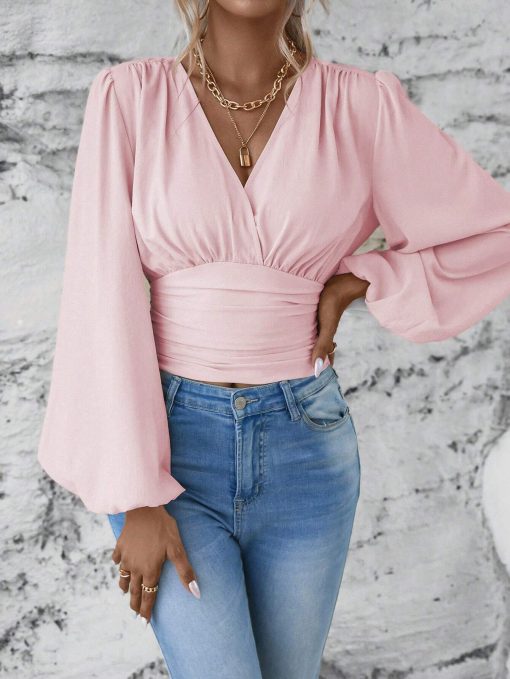 V-neck Sleeve Solid Color Pleated Women's Long-sleeved Top - Image 3