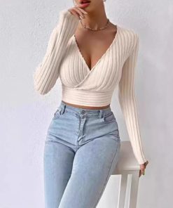 Short Deep V-neck Slim-fit Long Sleeve Knitted Sweater
