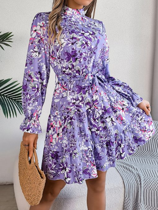 Stand Collar Flower Waist-controlled Long Sleeves Ruffled A-line Dress - Image 5