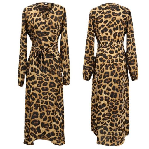 Autumn Skirt Leopard Print Printed V-neck Long Sleeve Lace-up Dress - Image 9