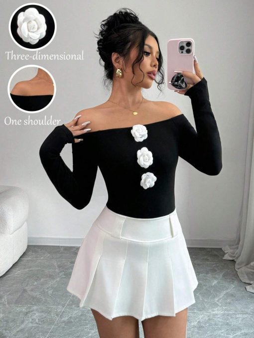 3D Floral Off-the-shoulder Off-neck Slim-fit Long-sleeved T-shirt - Image 6
