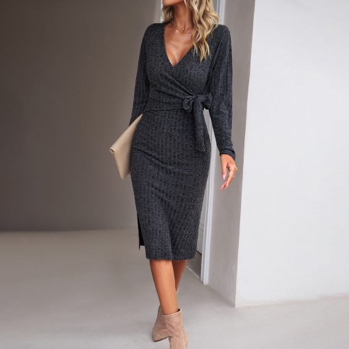 Autumn And Winter V-neck Long Sleeve Knitted Tied Dress - Image 4