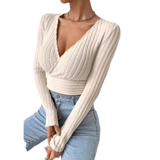Short Deep V-neck Slim-fit Long Sleeve Knitted Sweater - Image 2