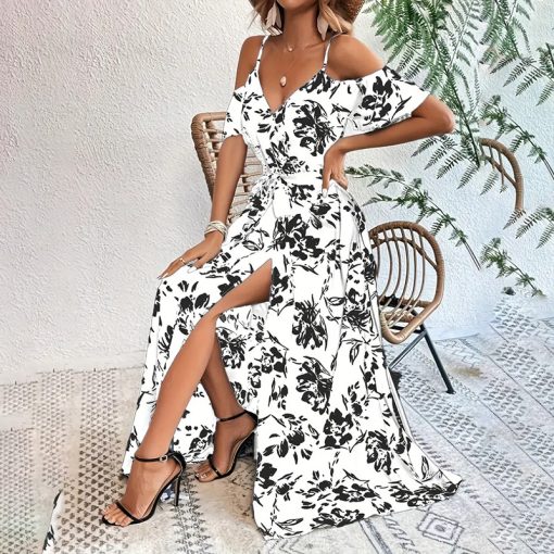 Women's Floral Maxi Dress Cold Shoulder Split Belted A Line Long Summer Dress - Image 6