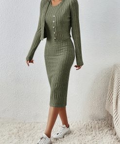 Front Button Cropped Top And Slim Fit Dress