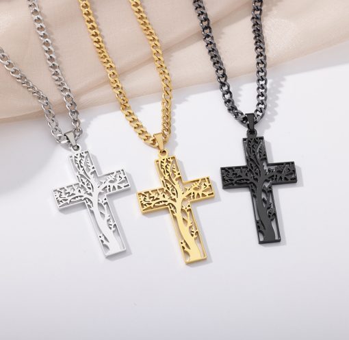 Stainless Steel Lucky Tree Cross Necklace Ornament - Image 4