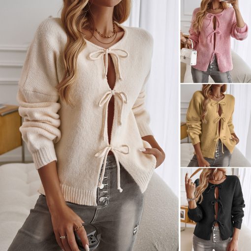 Women's Casual Loose Cardigan Lace-up Solid Color Sweater - Image 2