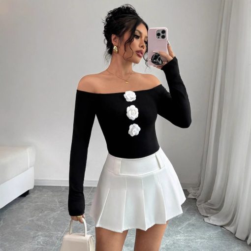 3D Floral Off-the-shoulder Off-neck Slim-fit Long-sleeved T-shirt - Image 7