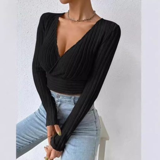 Short Deep V-neck Slim-fit Long Sleeve Knitted Sweater - Image 4
