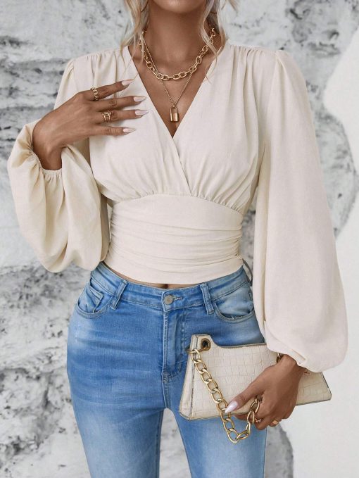 V-neck Sleeve Solid Color Pleated Women's Long-sleeved Top - Image 7