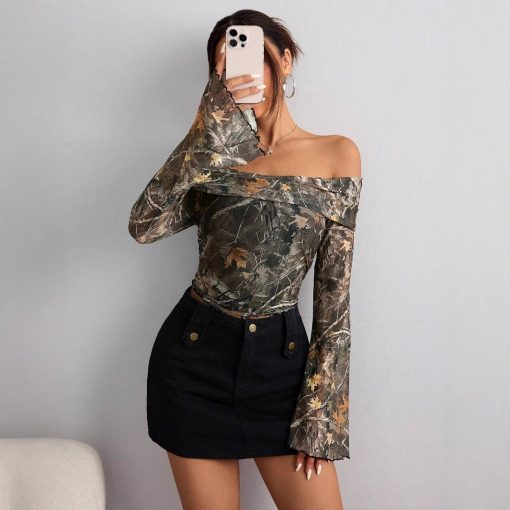 Mesh Printed Off-shoulder Long Sleeved Fitted T-shirt Top - Image 3