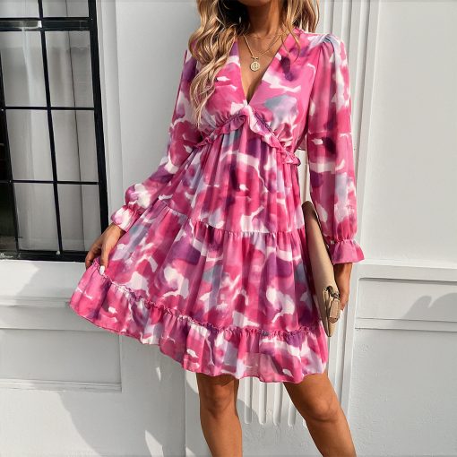 Spring And Summer Vacation Style Printed V-neck Long-sleeve Dress - Image 6