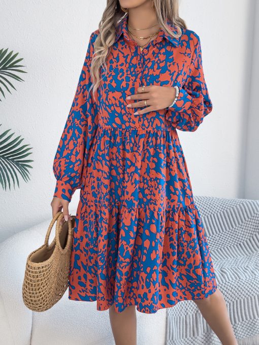 Casual Loose Contrast Color Leopard-print Long-sleeved Shirt Dress - Image 6