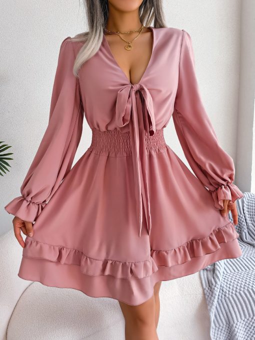 Spring And Summer European And American Leisure Lace-up Waist-tight Wooden Ear Swing Dress - Image 10