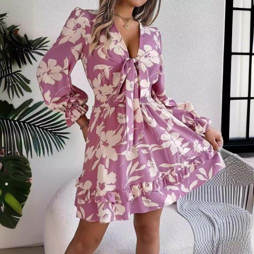 Women's Casual Flower Half Sleeve Ruffled A-line Dress - Image 7