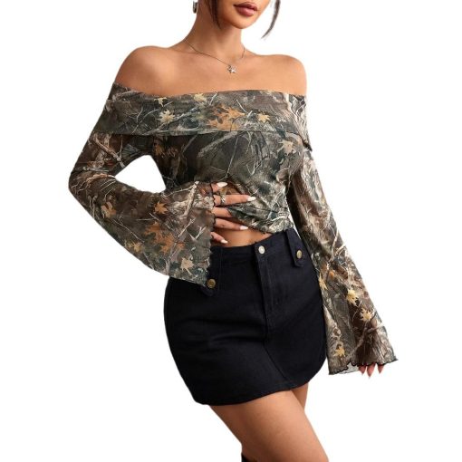 Mesh Printed Off-shoulder Long Sleeved Fitted T-shirt Top - Image 4