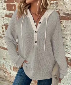 Women's Solid Color Waffle Hooded Button Loose Long Sleeve Sweatershirt
