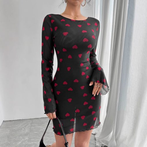 Heart Printing Flare Sleeve Backless Mesh Dress - Image 4