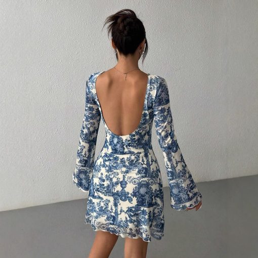 Printed Flare Sleeve Backless Mesh Dress - Image 6