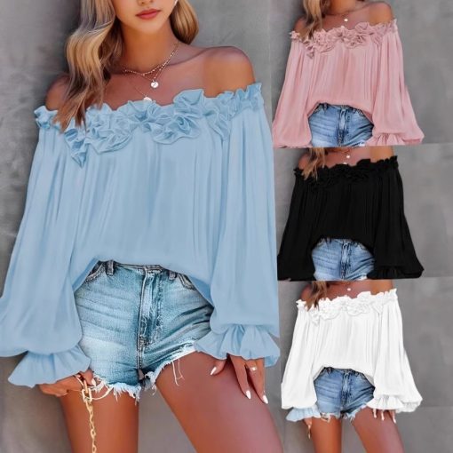 Casual Blouses Shoulder Off-Shoulder Long Sleeve Top Lotus Leaf Sleeve Shirt Loose Women's Clothing - Image 10