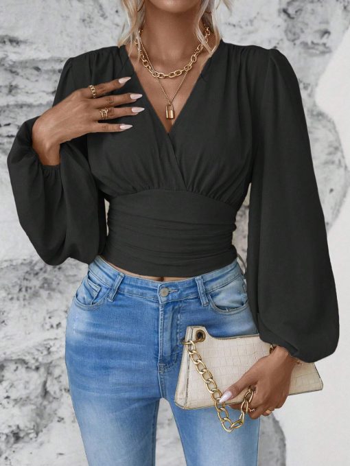 V-neck Sleeve Solid Color Pleated Women's Long-sleeved Top - Image 5