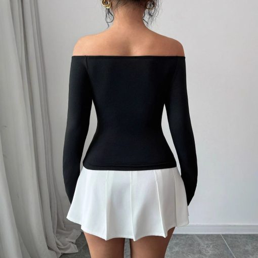 3D Floral Off-the-shoulder Off-neck Slim-fit Long-sleeved T-shirt - Image 3