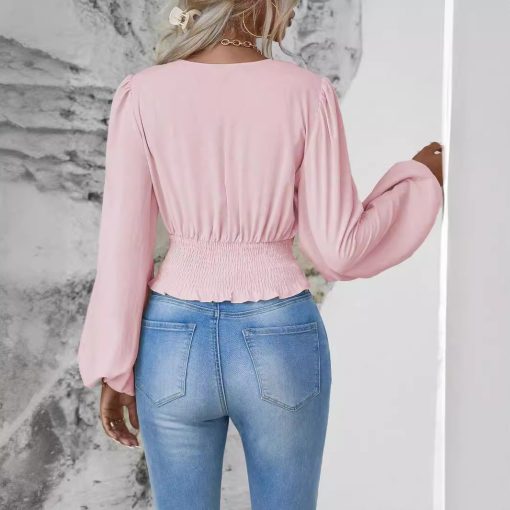 V-neck Sleeve Solid Color Pleated Women's Long-sleeved Top - Image 4