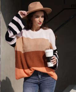 Women's Color Stitching Knit Pullover Loose Sweater