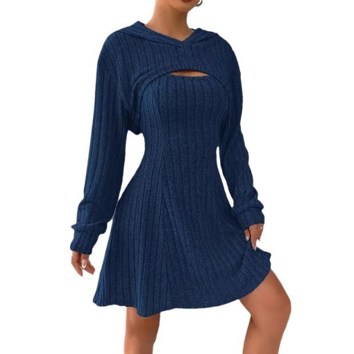 New Fashion Fall Winter Hooded Shawl Long-sleeved Vest Short Skirt Two-piece Set - Image 7