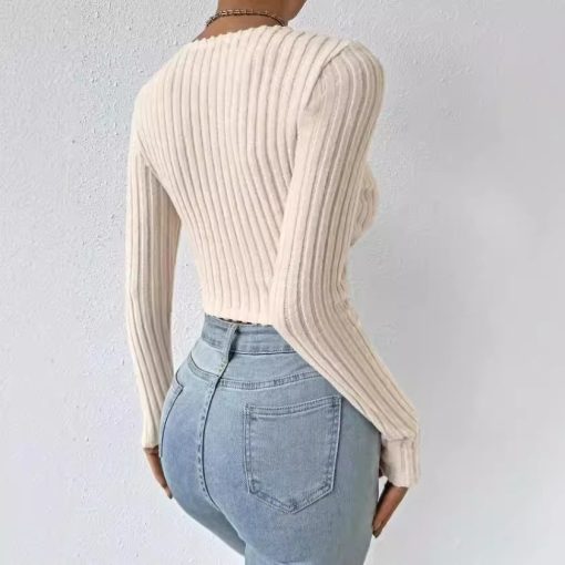 Short Deep V-neck Slim-fit Long Sleeve Knitted Sweater - Image 6