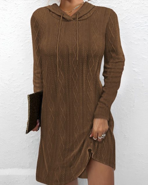 Long Sleeve Hooded Pullover Knitted Dress For Women - Image 3