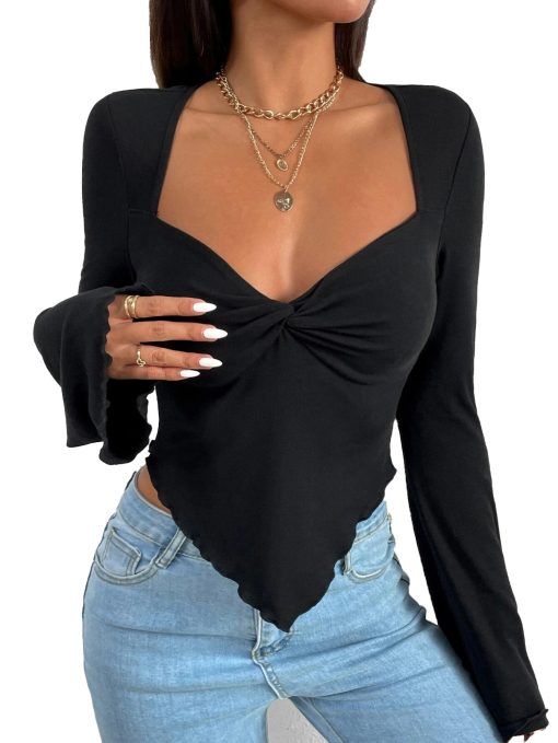 V-neck Flared Sleeves Waist Trimming Knitted Long Sleeve T-shirt - Image 4