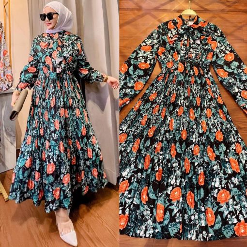 Muslim Malay Indonesian Ruffled Printed Dress - Image 6