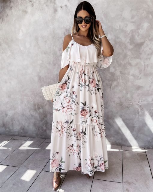 Off-the-shoulder Long Spaghetti-strap Floral Print Large Swing Dress - Image 5