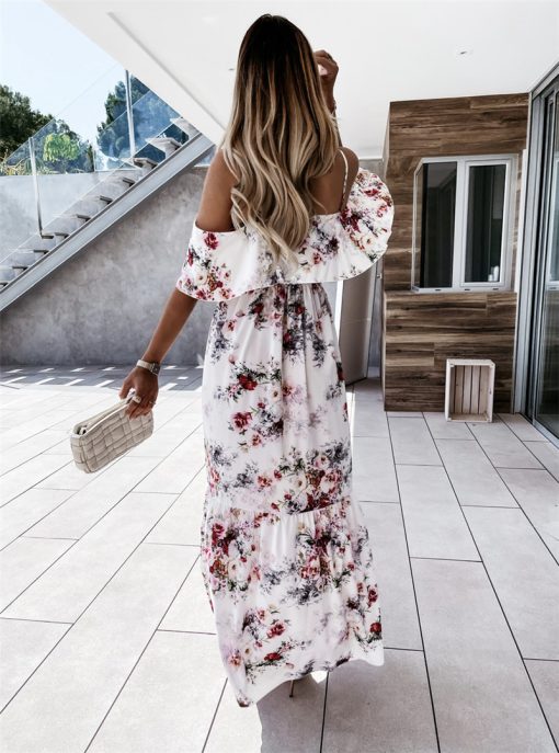 Off-the-shoulder Long Spaghetti-strap Floral Print Large Swing Dress - Image 2
