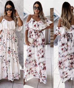 Off-the-shoulder Long Spaghetti-strap Floral Print Large Swing Dress