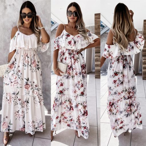 Off-the-shoulder Long Spaghetti-strap Floral Print Large Swing Dress