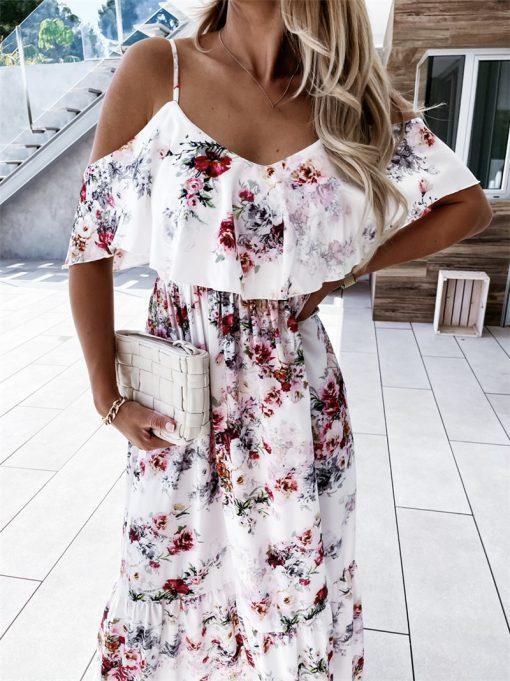 Off-the-shoulder Long Spaghetti-strap Floral Print Large Swing Dress - Image 10