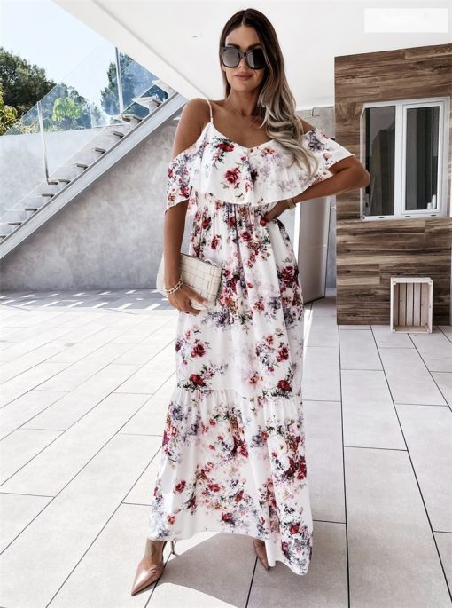 Off-the-shoulder Long Spaghetti-strap Floral Print Large Swing Dress - Image 3