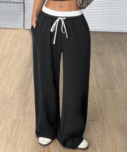 Straight Casual Pants Loose Elastic Waist Mop Trousers