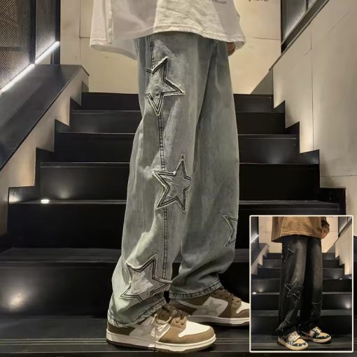 Star Embroidery Straight Casual Men Jeans Gothic Neutral New Wide Leg Loose Hip-hop Fashion Youth Streetwear Denim Trousers Y2K - Image 9