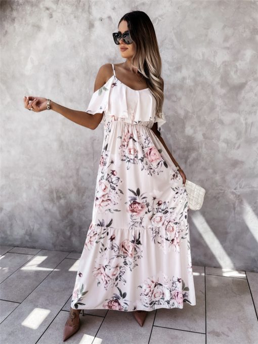 Off-the-shoulder Long Spaghetti-strap Floral Print Large Swing Dress - Image 7