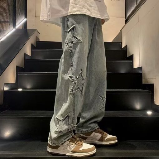 Star Embroidery Straight Casual Men Jeans Gothic Neutral New Wide Leg Loose Hip-hop Fashion Youth Streetwear Denim Trousers Y2K - Image 5