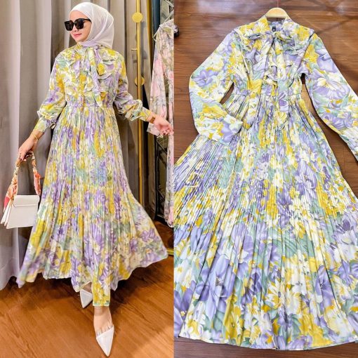 Muslim Malay Indonesian Ruffled Printed Dress - Image 5