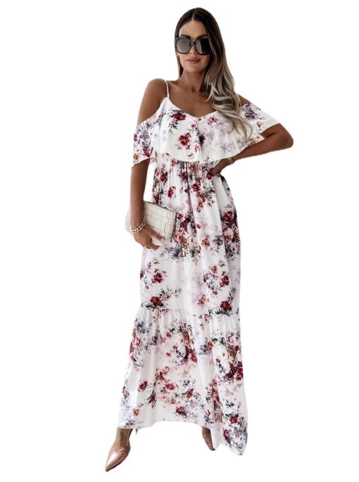 Off-the-shoulder Long Spaghetti-strap Floral Print Large Swing Dress - Image 8