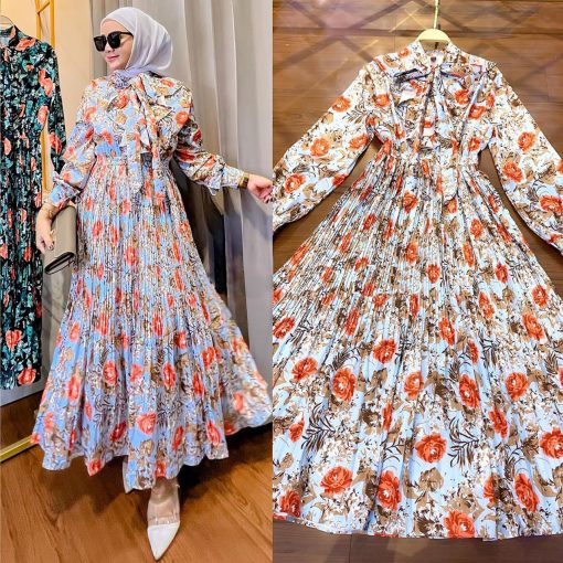 Muslim Malay Indonesian Ruffled Printed Dress - Image 2