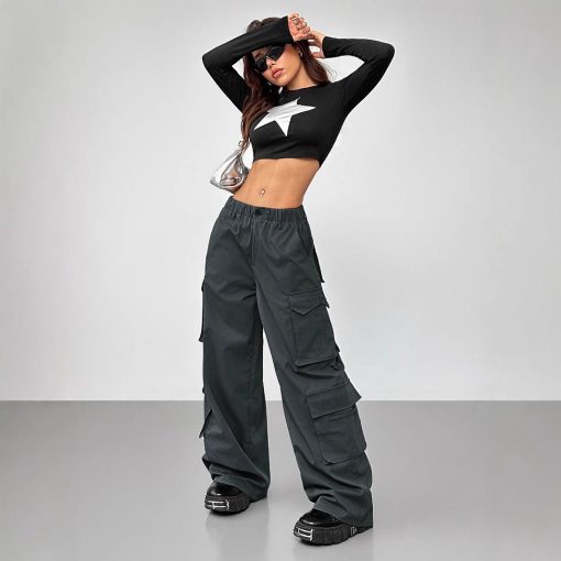 Casual Pants Elastic Waist High Waist Wide-leg Workwear Trousers - Image 6