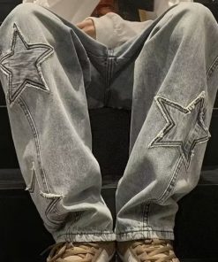 Star Embroidery Straight Casual Men Jeans Gothic Neutral New Wide Leg Loose Hip-hop Fashion Youth Streetwear Denim Trousers Y2K