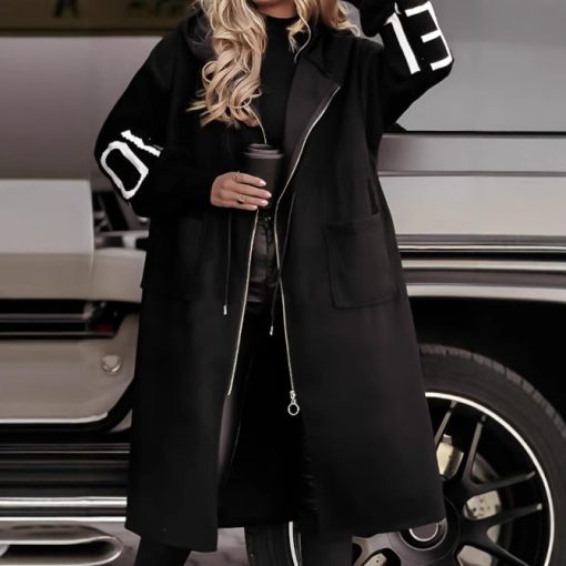 Hooded Windbreaker Long Jacket With Pockets And Drawstring Design Solid Color Knit-Sleeved Trench Coat For Women Clothing Fall Winter - Image 2