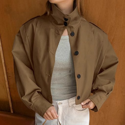 Khaki Lapel Simple Single-breasted Coat - Image 3